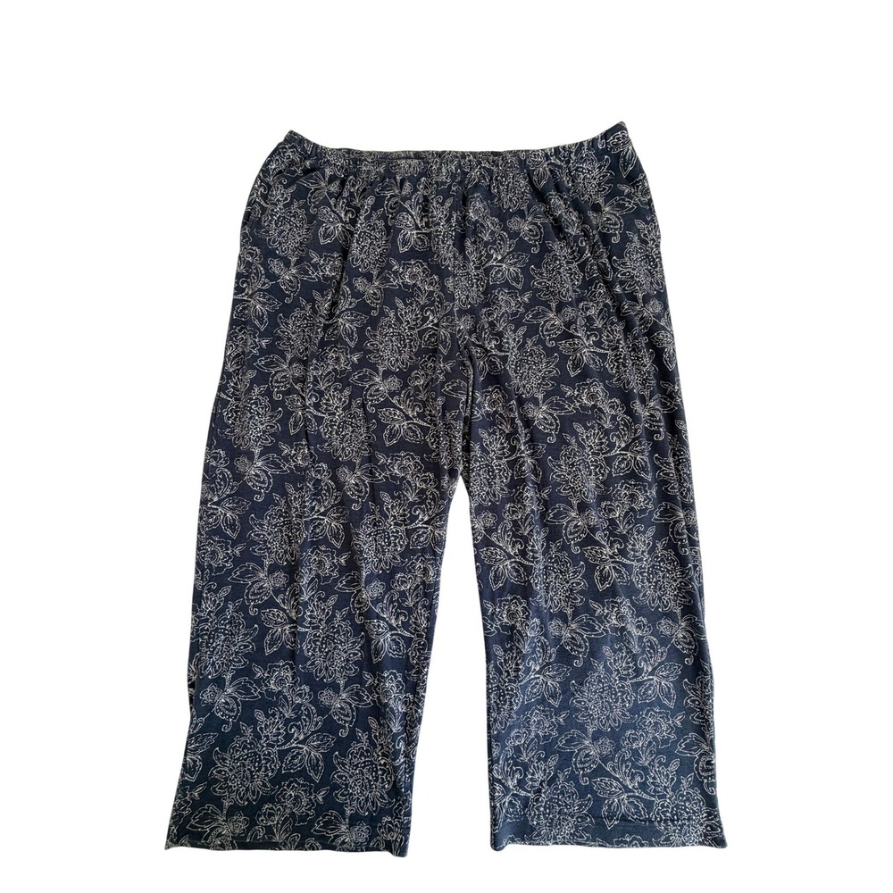 Denim & Co Navy Floral Crop Pajama Pants 2X Blue White Wide Leg Lounge A294061